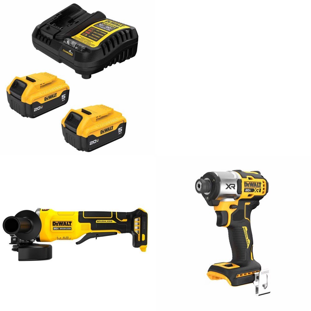 DeWalt DCB205-2C 20V 5Ah Battery Kit W/ FREE DCG408B 4-1/2" Grinder and FREE DCF845B 1/4" Impact Driver