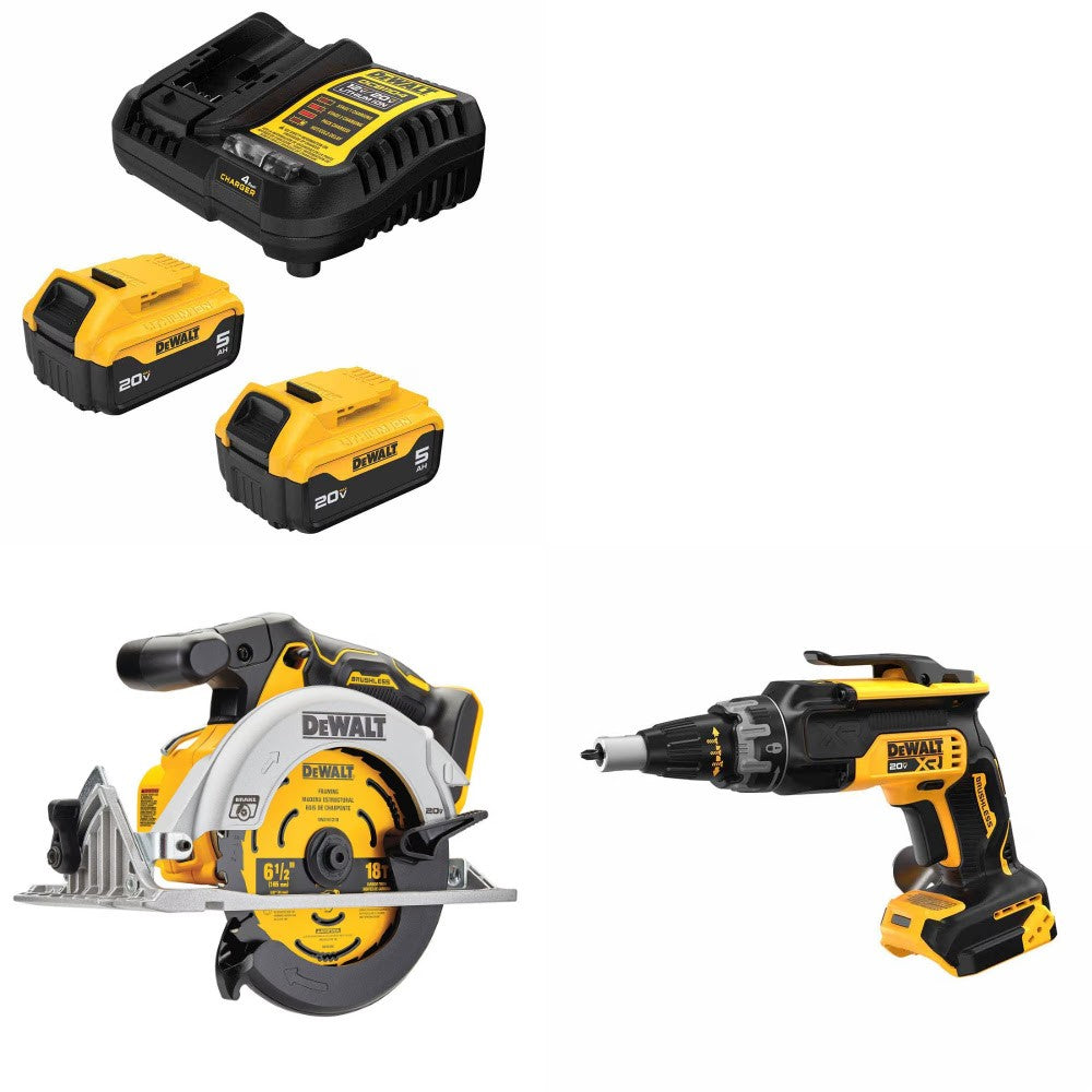 DeWalt DCB205-2C 5Ah Battery Kit W/ FREE DCS565B 6-1/2" Saw and FREE DCF630B Screwgun