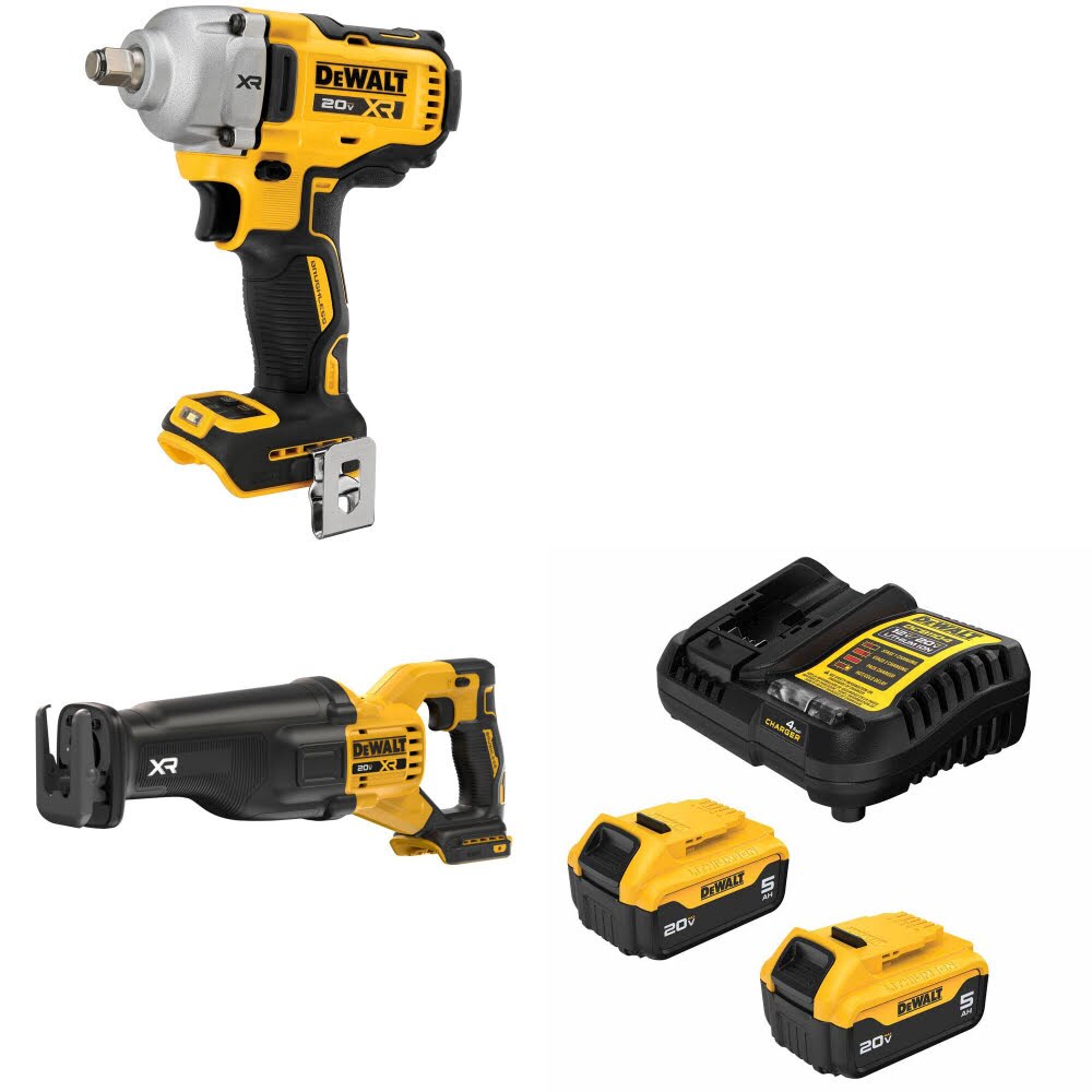 DeWalt DCF891B 20V MAX Impact Wrench Kit W/ DCS384B Reciprocating Saw and FREE DCB205-2C Battery Kit
