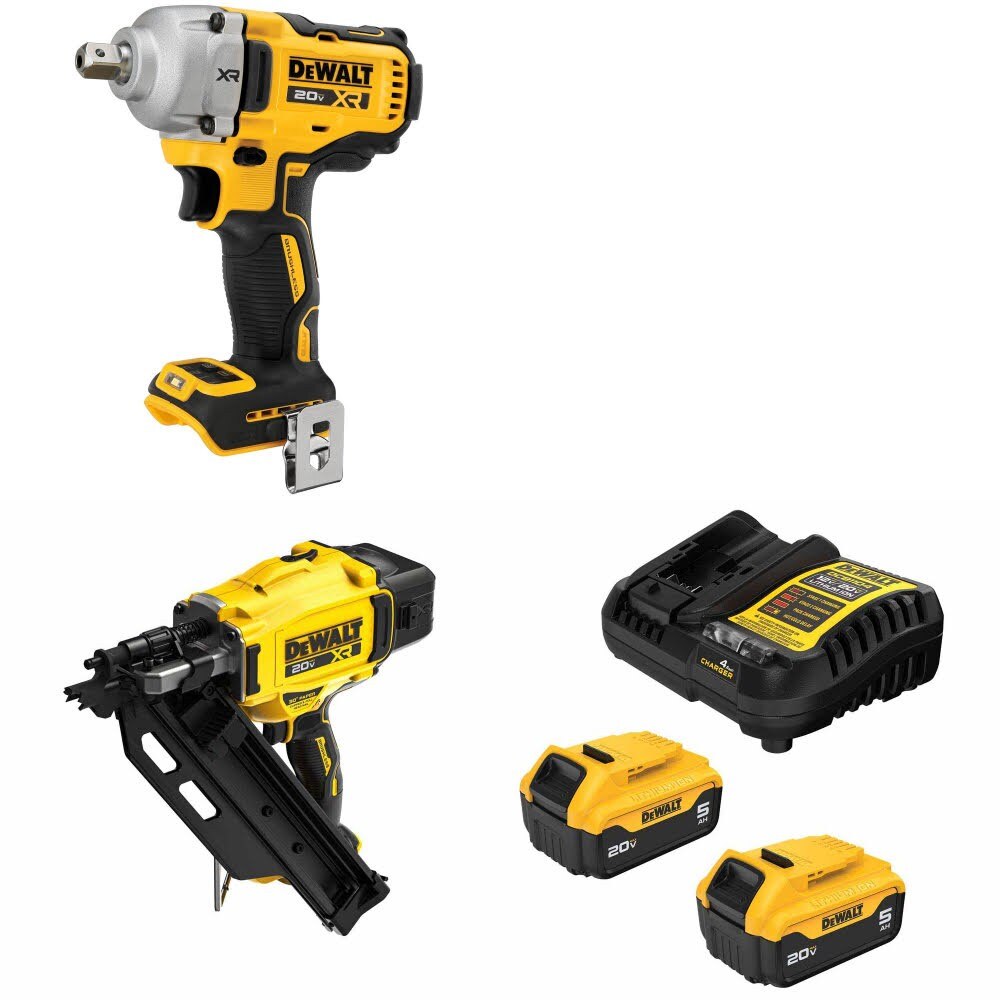 DeWalt DCF892B 20V MAX Impact Wrench Kit W/ DCN930B Framing Nailer and FREE DCB205-2C Battery Kit