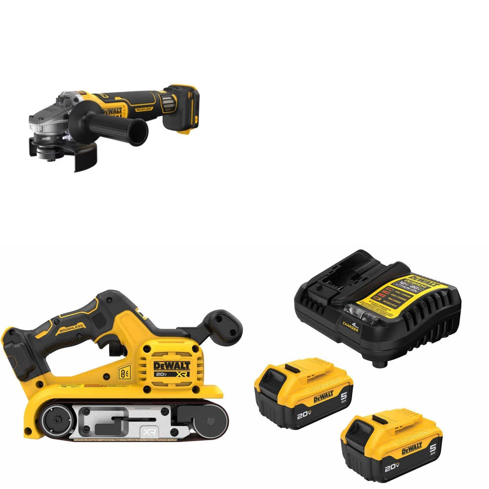 DeWalt DCG410VSB Grinder Kit W/ DCW220B Belt Sander and FREE DCB205 Battery Kit