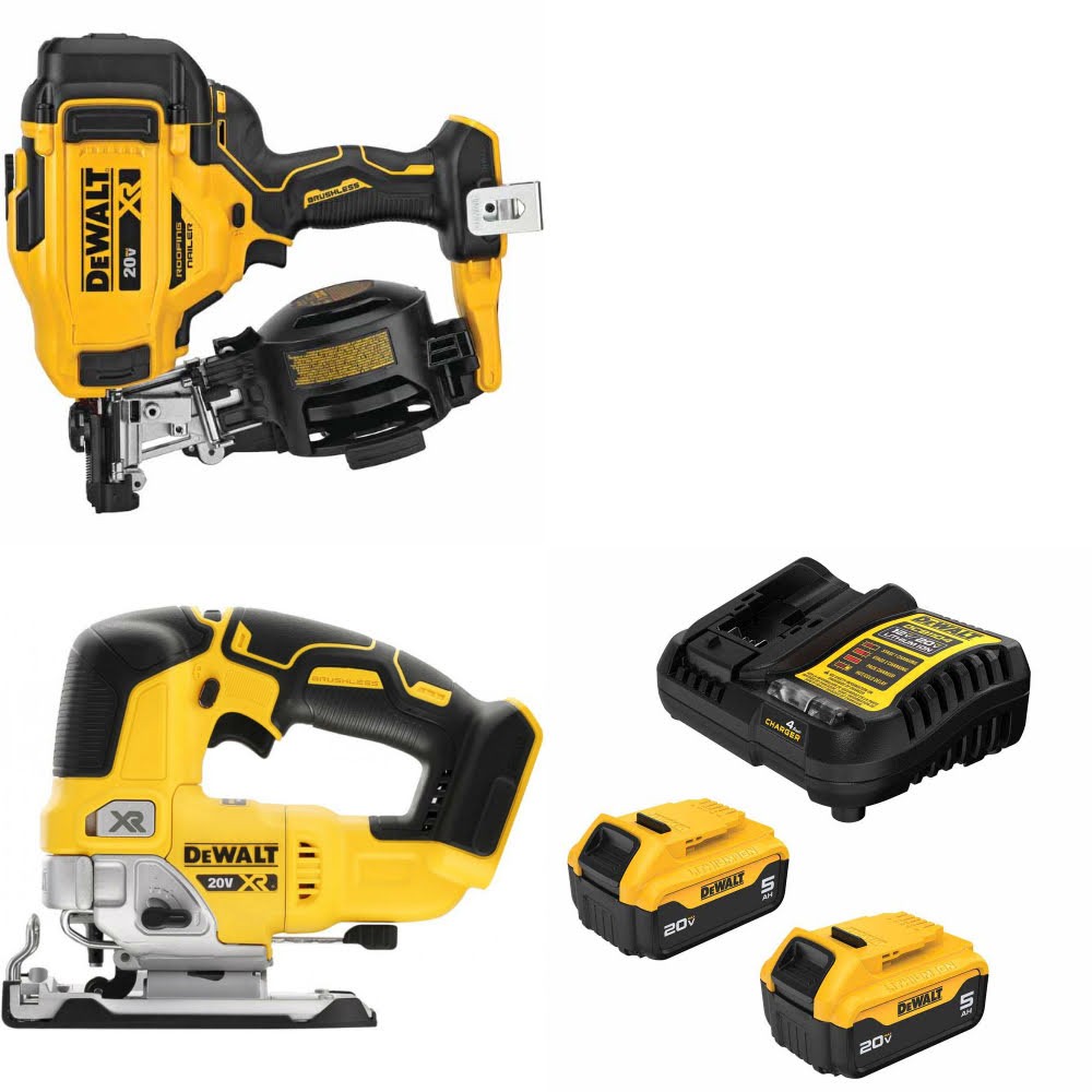 DeWalt DCN45RNB Roofing Nailer Kit W/ DCS334B Jig Saw and FREE DCB205-2C Battery Kit