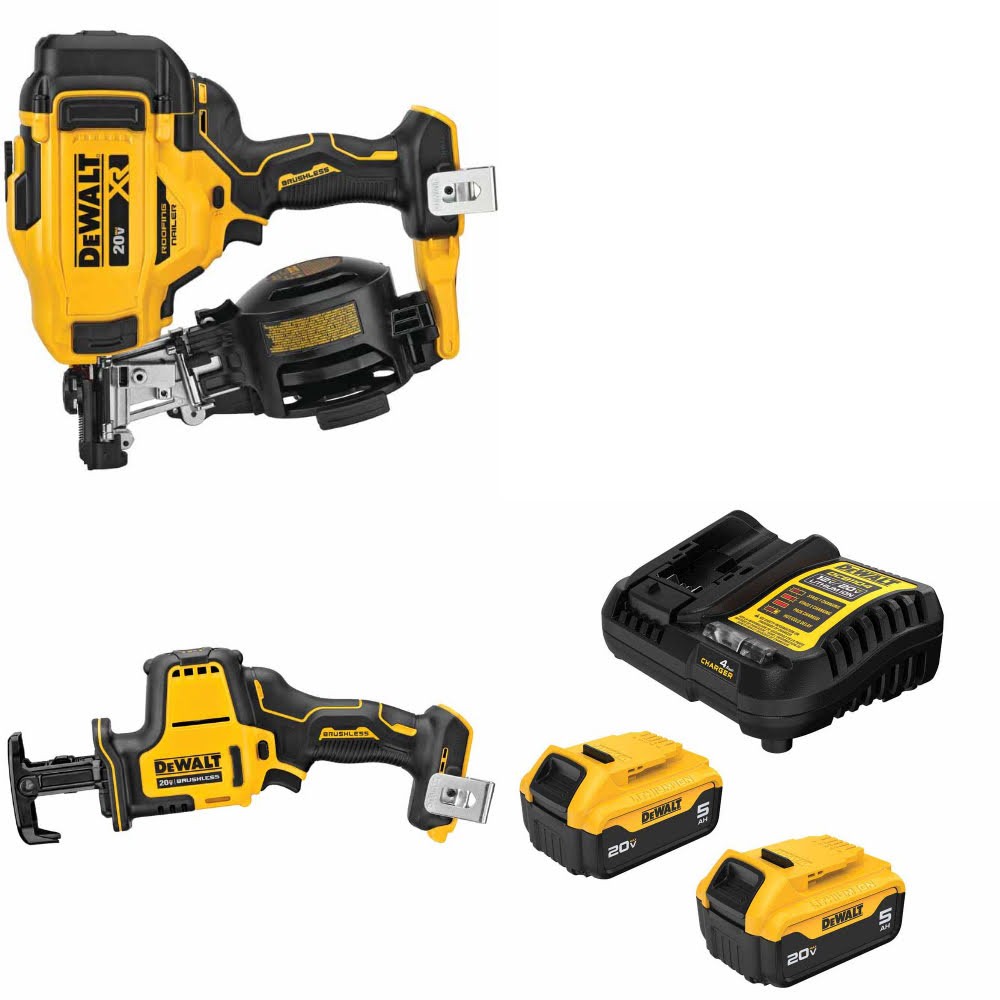 DeWalt DCN45RNB Roofing Nailer Kit W/ DCS369B Reciprocating Saw and FREE DCB205-2C Battery Kit