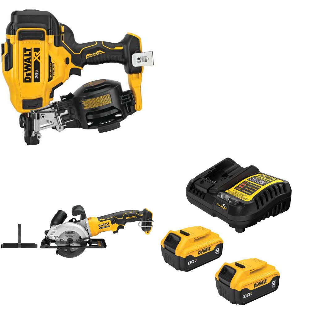 DeWalt DCN45RNB Roofing Nailer Kit W/ DCS571B Circular Saw and FREE DCB205-2C Battery Kit