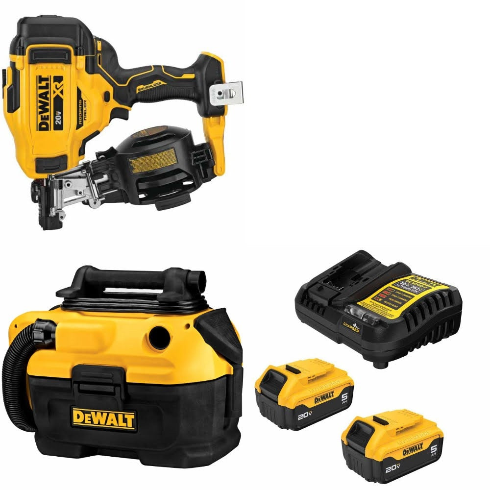 DeWalt DCN45RNB Roofing Nailer Kit W/ DCV581H Wet-Dry Vacuum and FREE DCB205-2C Battery Kit