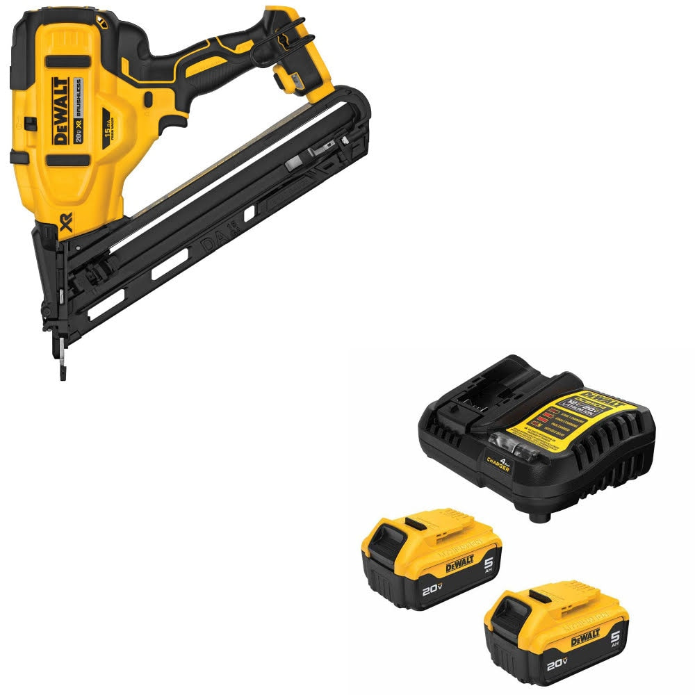 DeWalt DCN650B 20V MAX XR 15Ga Nailer, Bare W/ DCB205-2C 20V MAX 5Ah Battery Kit