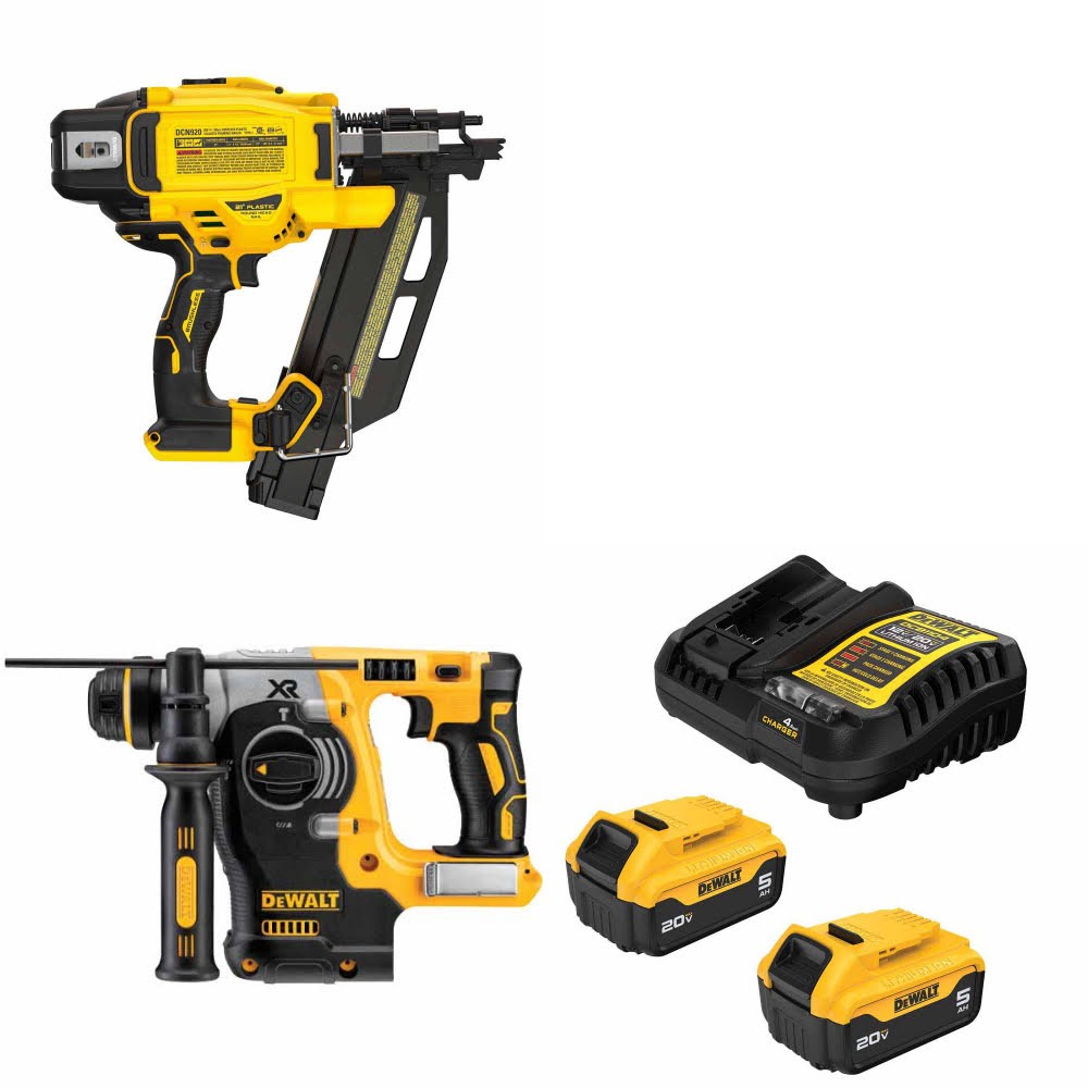 DeWalt DCN920B 20V MAX XR Nailer Kit W/ DCH273B Rotary Hammer and FREE DCB205-2C Battery Kit