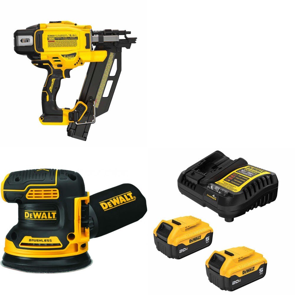 DeWalt DCN920B 20V MAX XR Framing Nailer Kit W/ DCW210B Orbital Sander and FREE DCB205-2C Battery Kit
