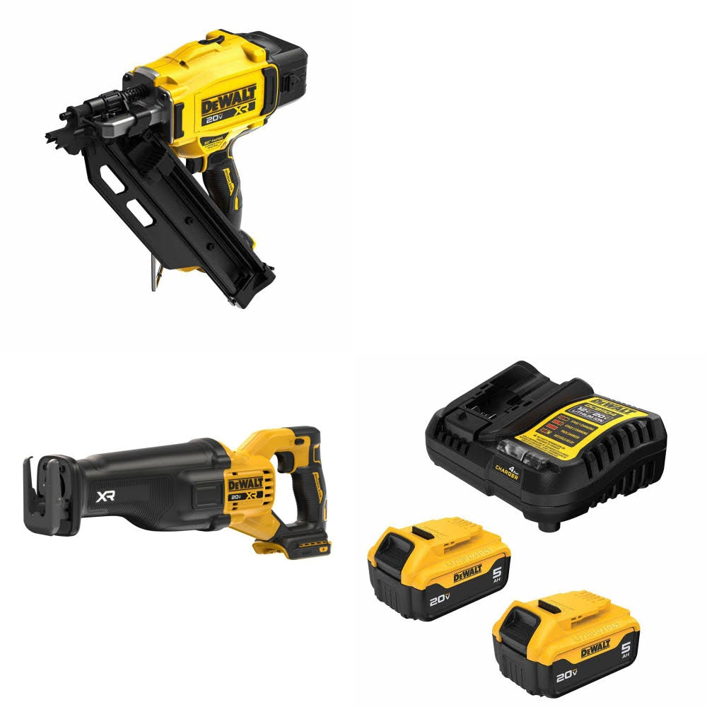 DeWalt DCN930B Framing Nailer Kit W/ DCS384B Reciprocating Saw and FREE DCB205-2C Battery Kit