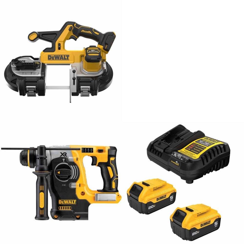 DeWalt DCS378B 20V Band Saw Kit W/ DCH273B 20V Rotary Hammer and FREE DCB205-2C 20V 5Ah Battery Kit