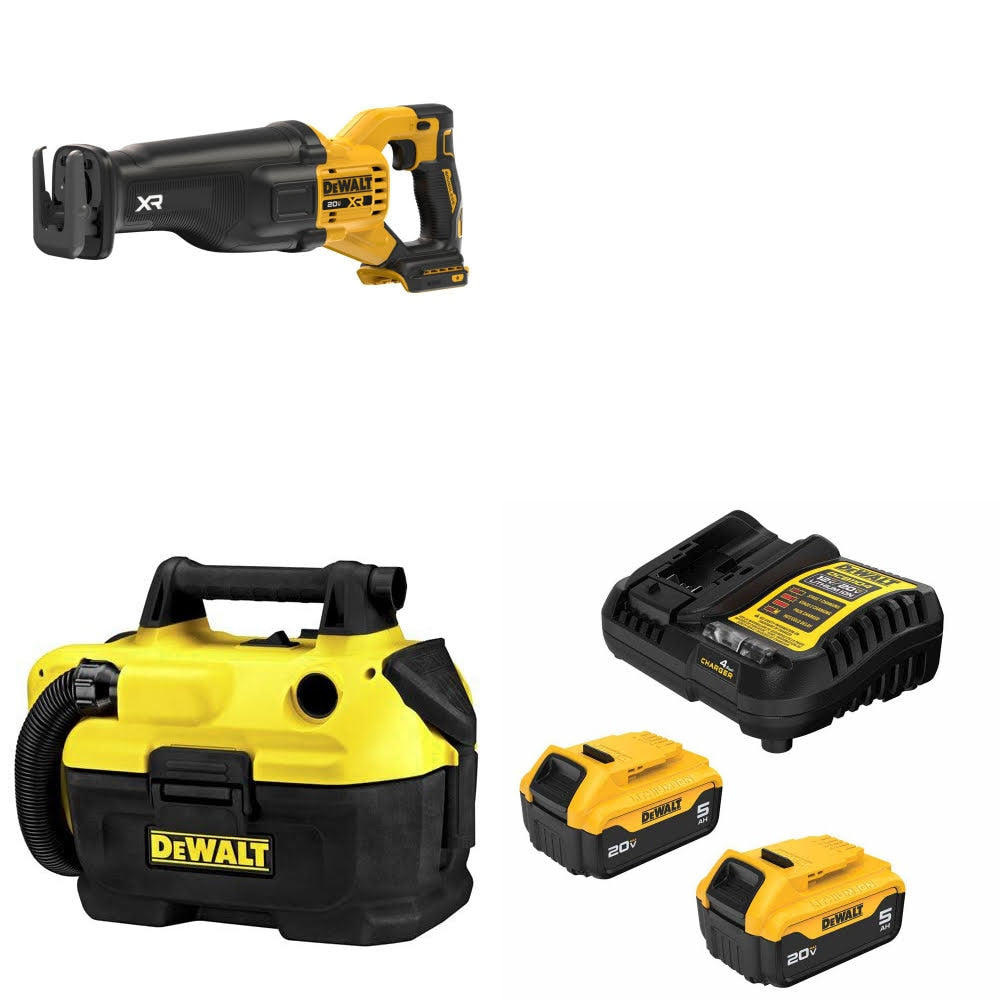DeWalt DCS384B 20V Max Reciprocating Saw Kit W/ DCV580H Wet Dry Vacuum and FREE DCB205-2C Battery Kit