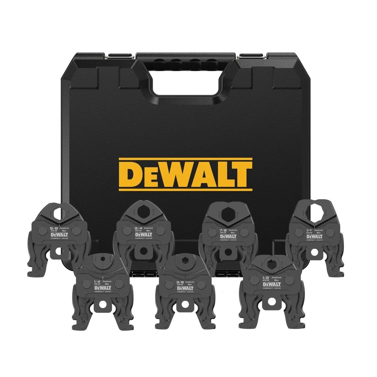 DeWalt DCE217K Compact ZoomLock MAX and MaxiPro ACR Press Jaws Kit 1/4 in. to 1-1/8 in. for Refrigerant Line Connections (7 Piece)