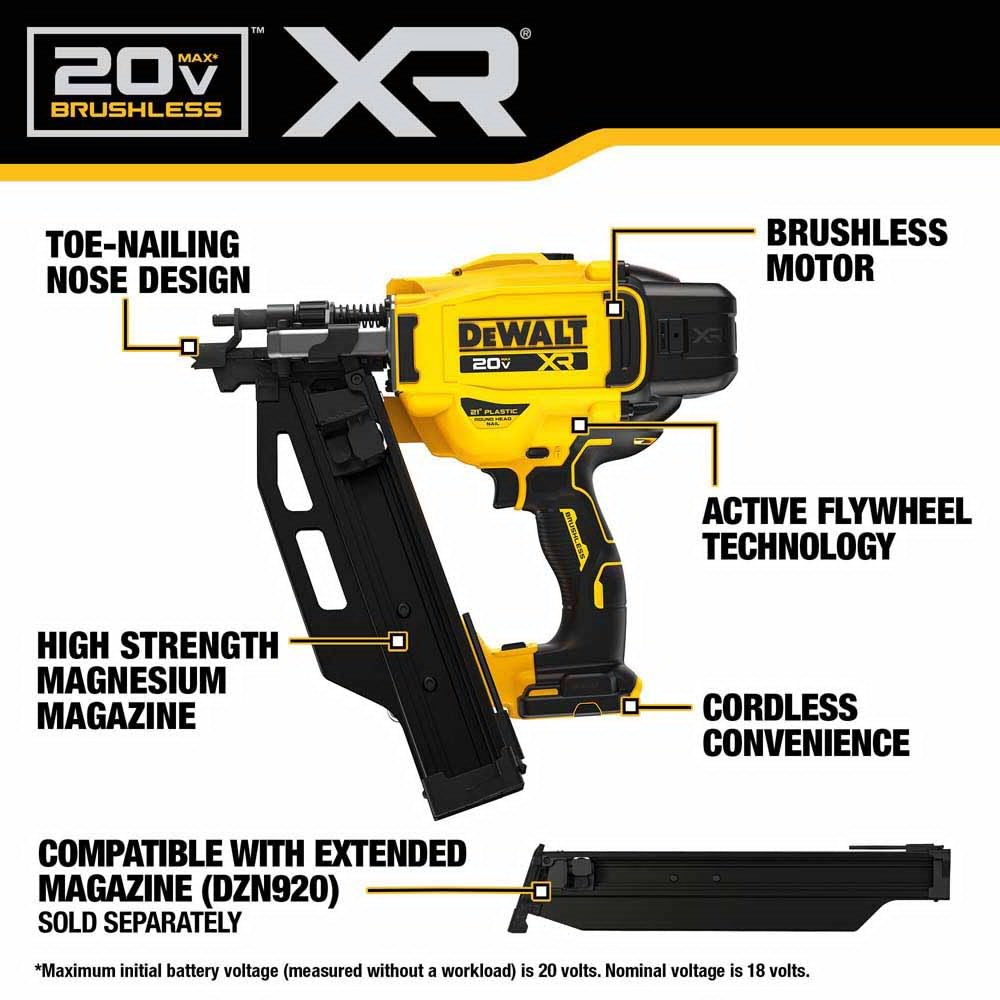 DeWalt DCN920B 20V MAX XR Brushless Cordless 21 Degree Plastic Collated Framing Nailer (Tool Only) - 2