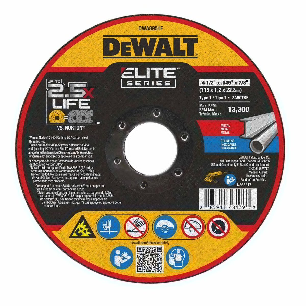 DeWalt DWA8951F Elite Series , 4-1/2" x 7/8" x .045 XP T1 Cutting Disc