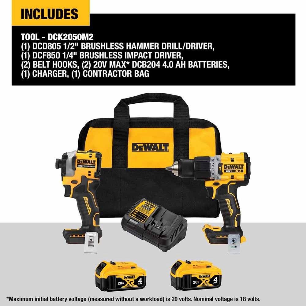DeWalt DCK2050M2 20V Max Brushless Cordless XR 1/2" Hammer Drill/Driver and Atomic 1/4 In. Impact Driver Kit With 4.0Ah Batteries