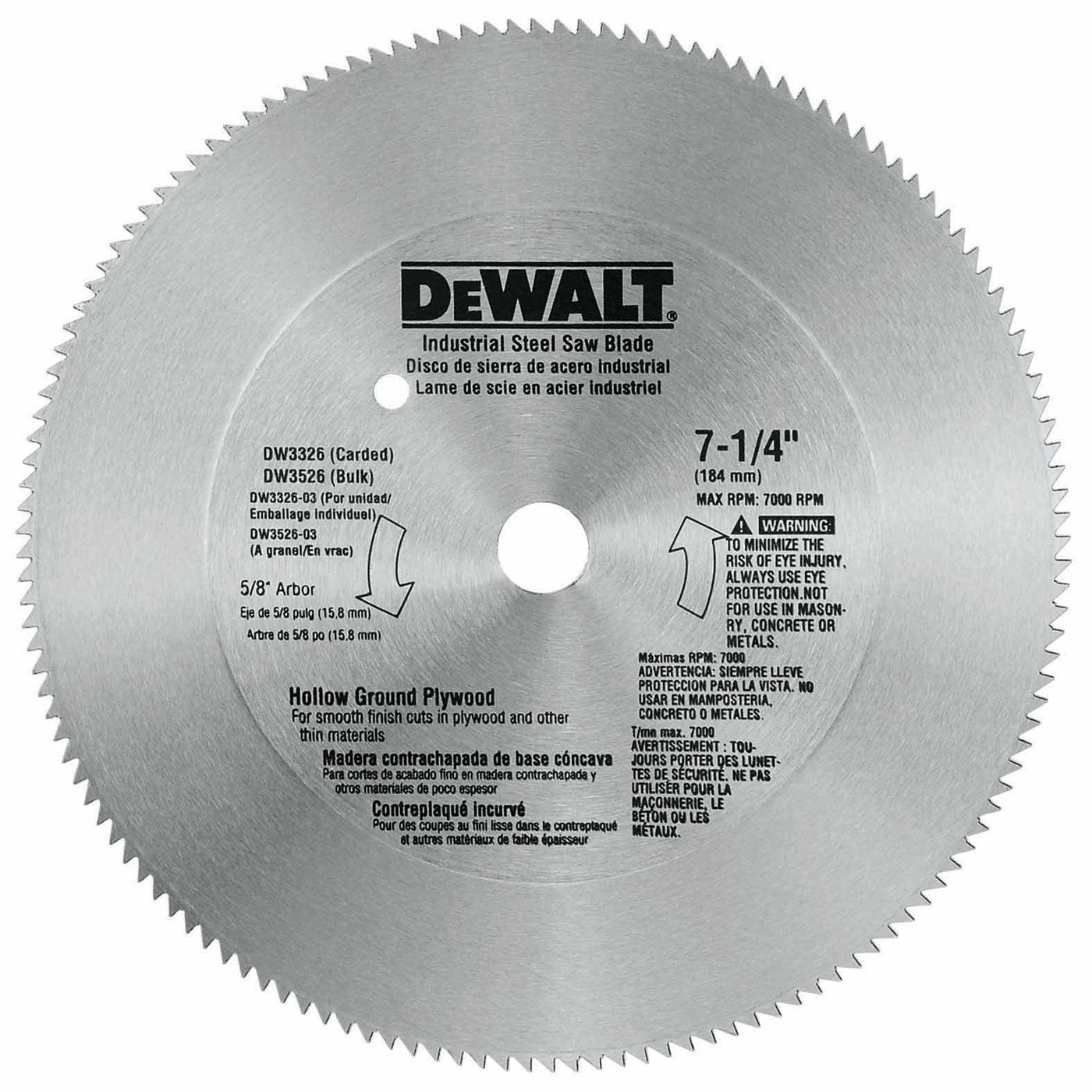 DeWalt DW3326 7-1/4" 140T Steel Hollow Ground Plywood Saw Blade