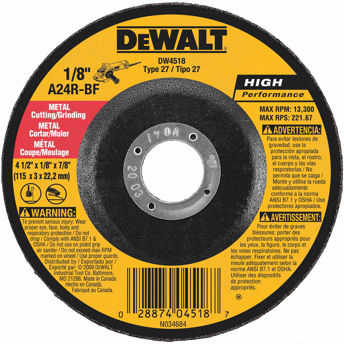 DeWalt DW4518 4-1/2" x 1/8" x 7/8" General Purpose Metal Cutting Wheel