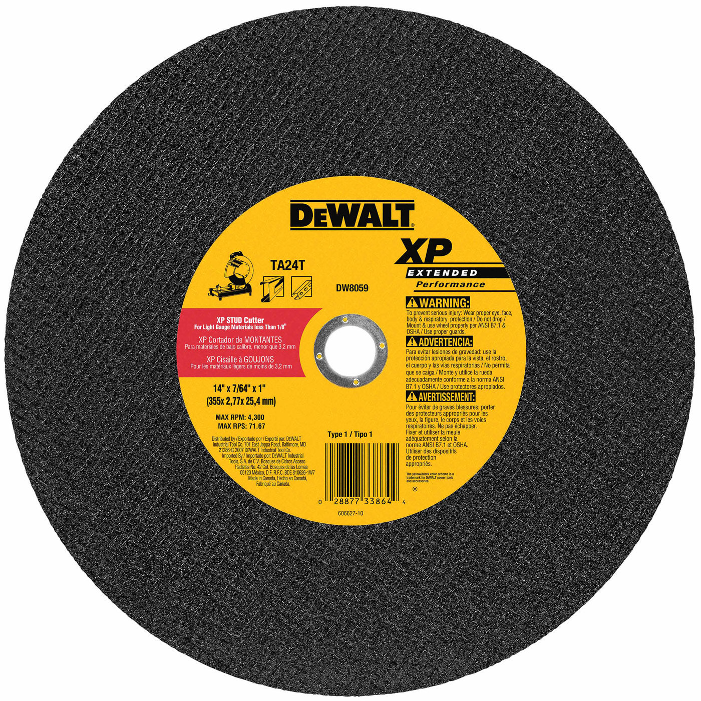 DeWalt DW8059 14" x 7/64" x 1" Extended Performance Stud Cutting High Speed Cut-Off Wheel