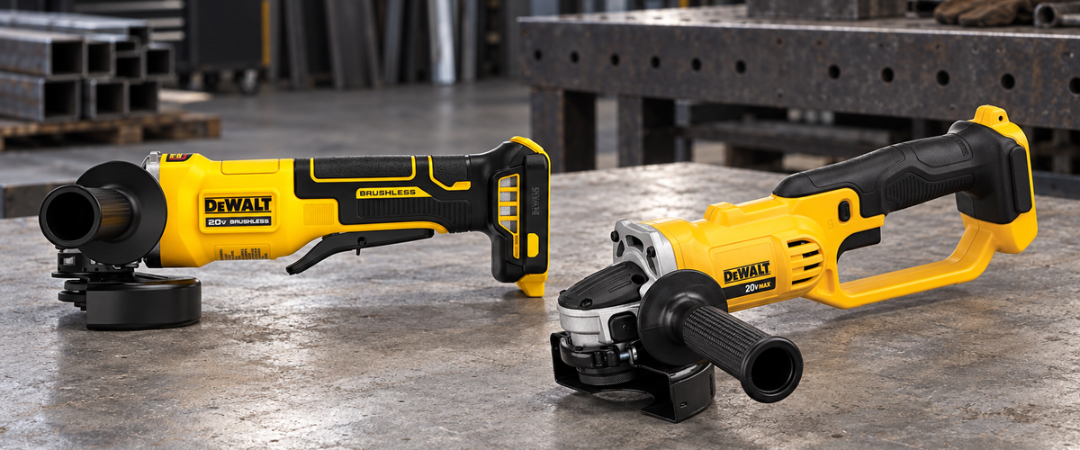 Two DeWalt cordless angle grinders resting on a concrete shop floor in a metal fabrication bay, a welding table and racked steel stock behind them