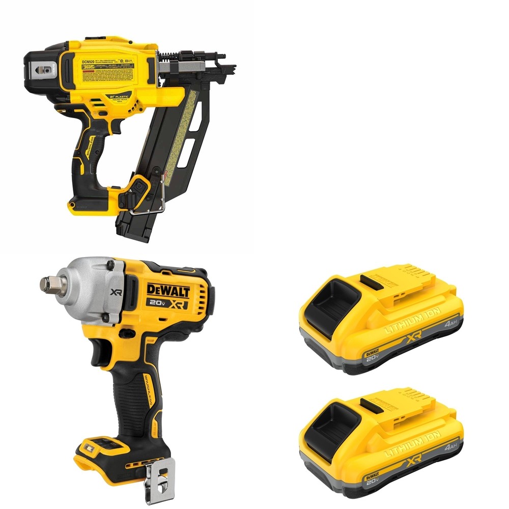 DeWalt DCN920B 21-Degree Framing Nailer W/ DCF891B Mid-Range Impact Wrench and DCB2104-2