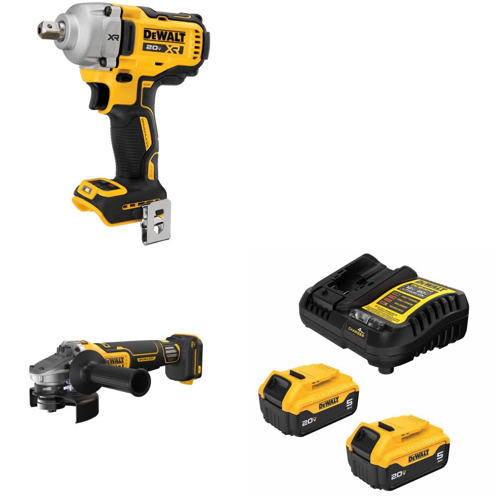 DeWalt DCF892B 20V MAX XR Impact Wrench Kit W/ DCG410VSB Grinder and FREE DCB205-2C Battery Kit