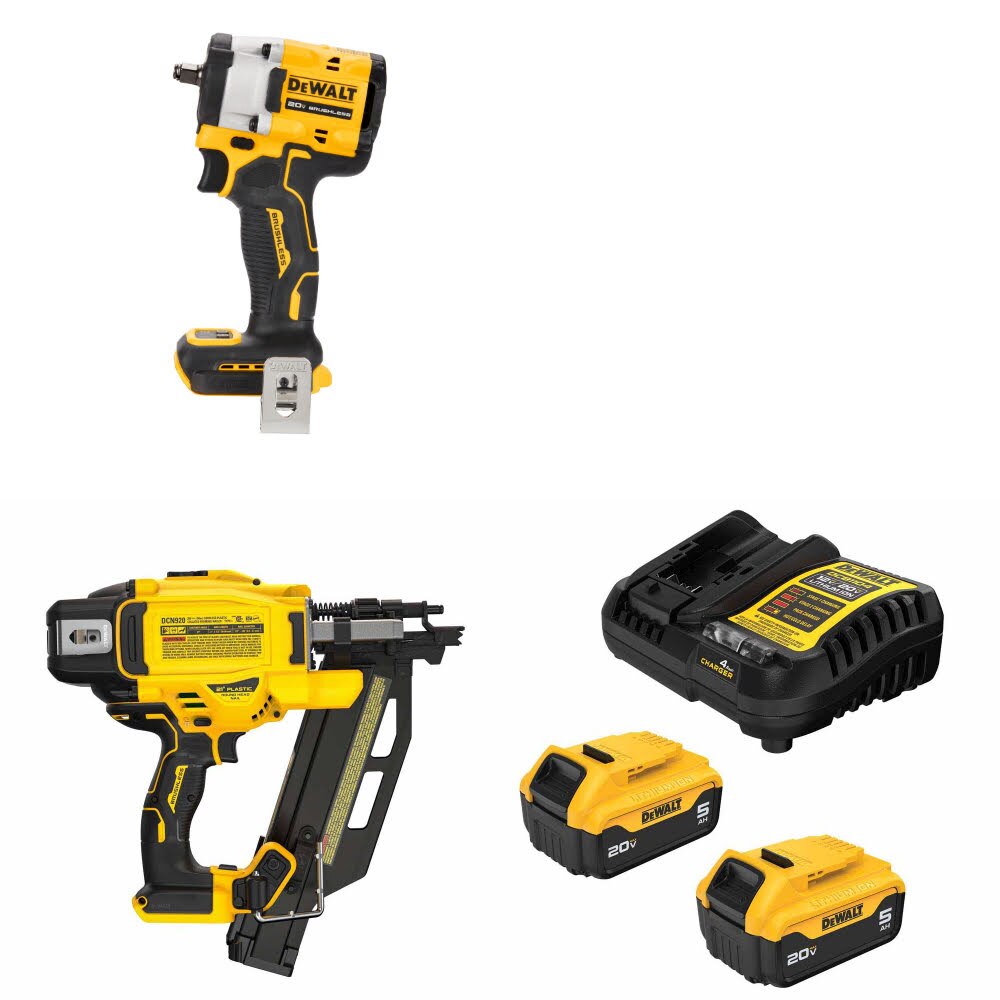 DeWalt DCF923B 20V MAX Impact Wrench Kit W/ DCN920B Framing Nailer and FREE DCB205-2C Battery Kit