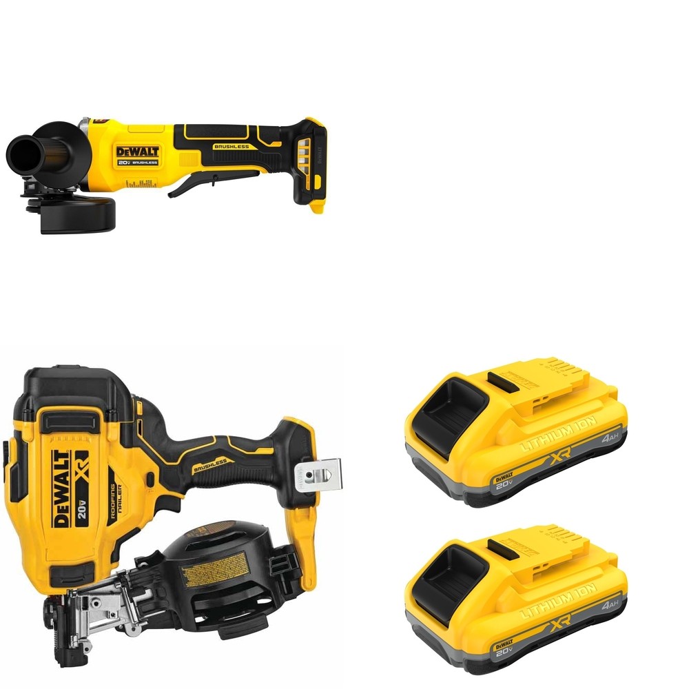 DeWalt DCN45RNB 20V MAX 15-Degree Roofing Nailer W/ DCB2104-2 and DCG408B Paddle-Switch Grinder