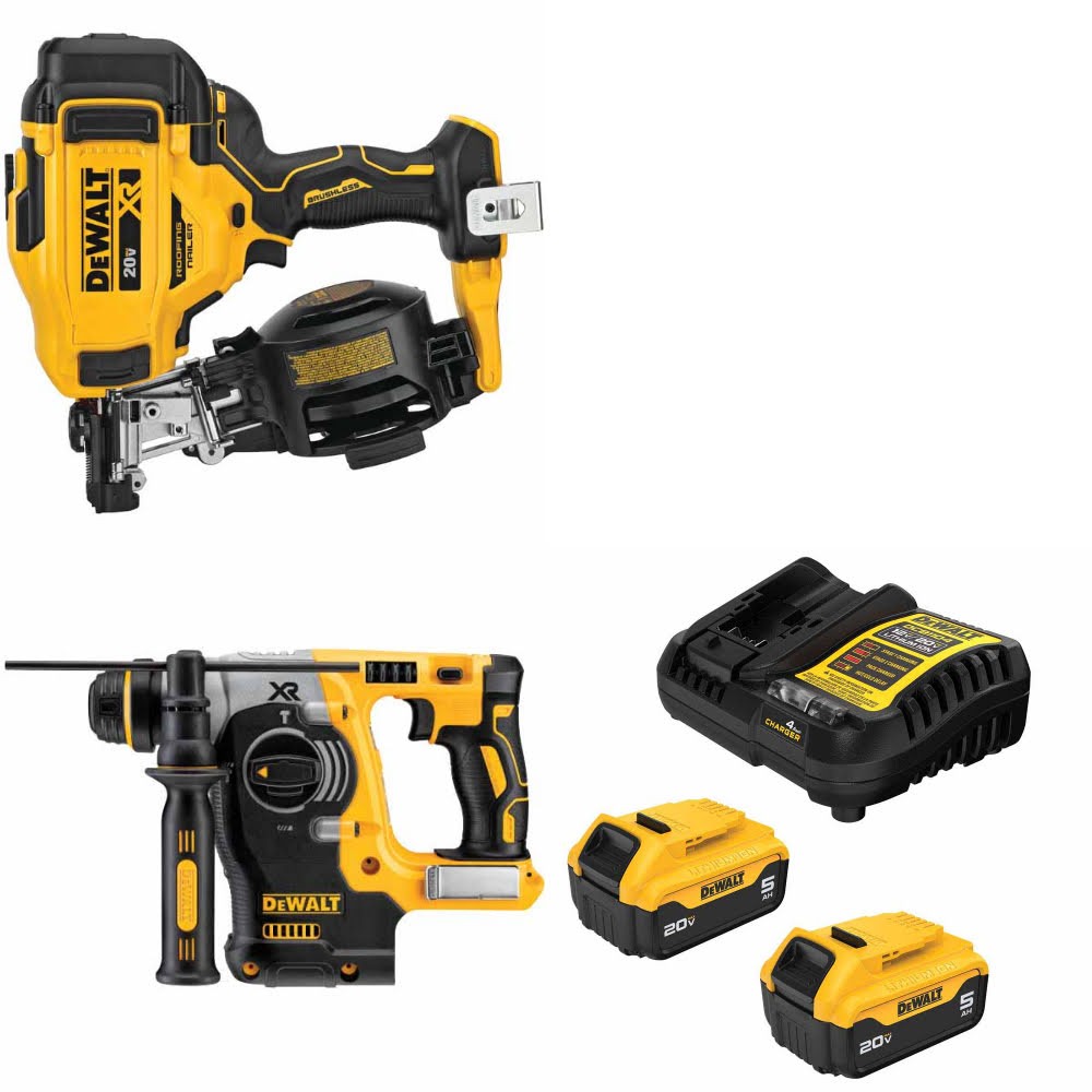 DeWalt DCN45RNB Roofing Nailer Kit W/ DCH273B Rotary Hammer and FREE DCB205-2C Battery Kit