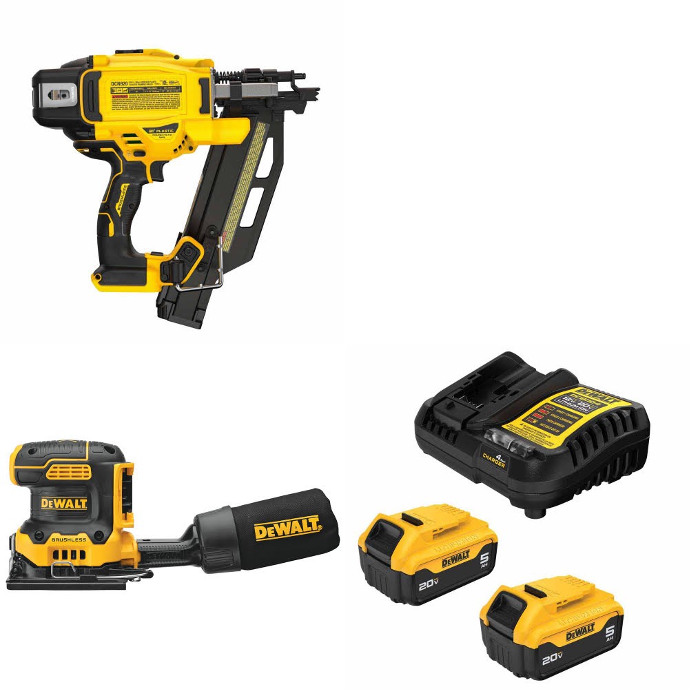 DeWalt DCN920B 20V MAX XR Framing Nailer Kit W/ DCW200B Sander and FREE DCB205-2C Battery Kit