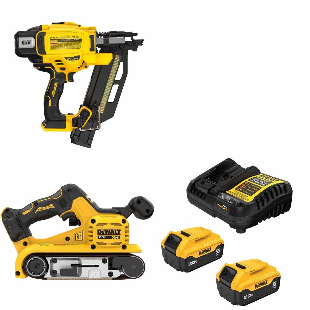 DeWalt DCN920B 20V MAX XR Framing Nailer Kit W/ DCW220B Belt Sander and FREE DCB205-2C Battery Kit