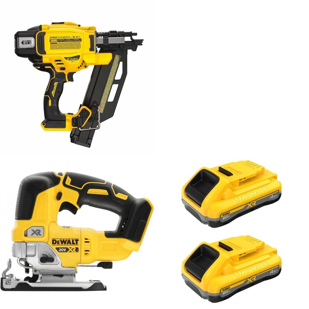 DeWalt DCN920B 21-Degree Framing Nailer W/ DCB2104-2 POWERPACK 4Ah 2-Pack and DCS334B Jig Saw