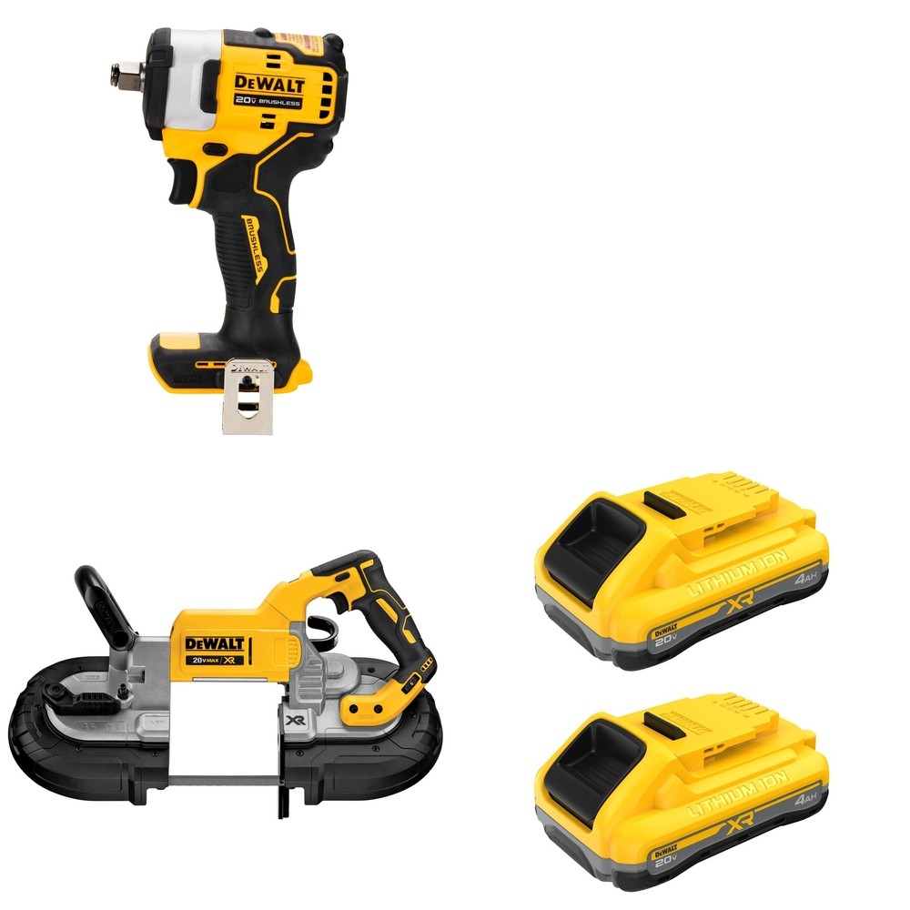DeWalt DCS374B Deep Cut Band Saw W/ DCB2104-2 POWERPACK 4Ah 2-Pack and DCF911B Impact Wrench