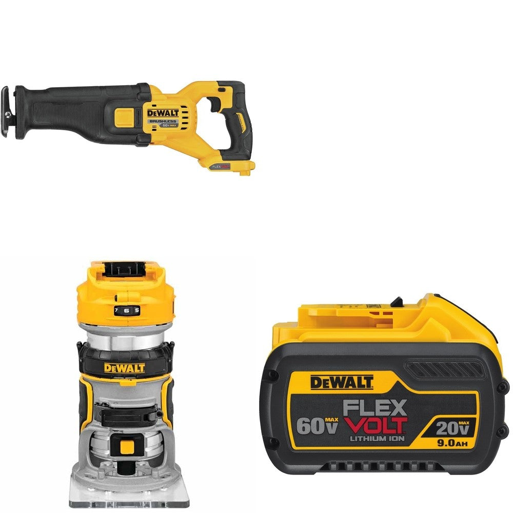 DeWalt DCS389B 60V MAX Reciprocating Saw W/ DCB609 9.0Ah Battery and DCW600B Compact Router