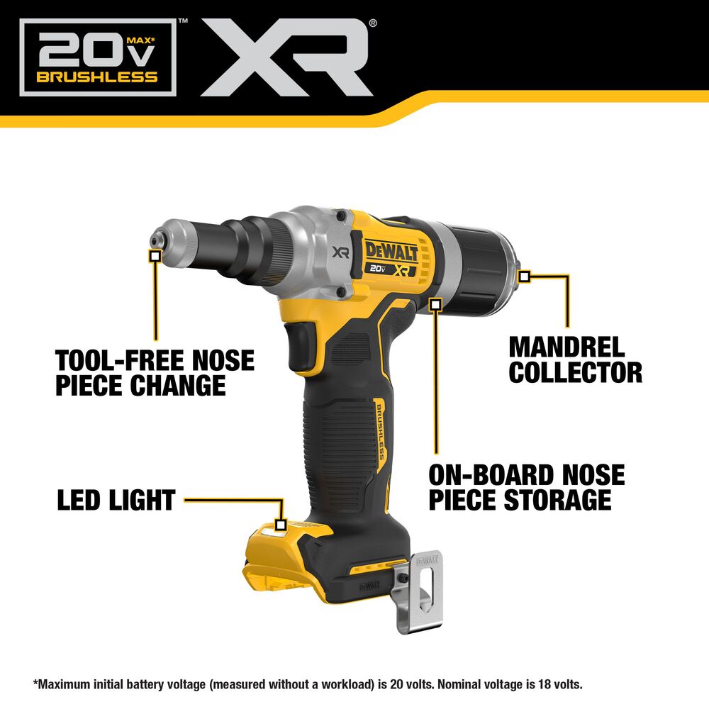 DeWalt DCF414GE2 20V MAX* XR Brushless Cordless 1/4" Rivet Tool Kit with POWERSTACK