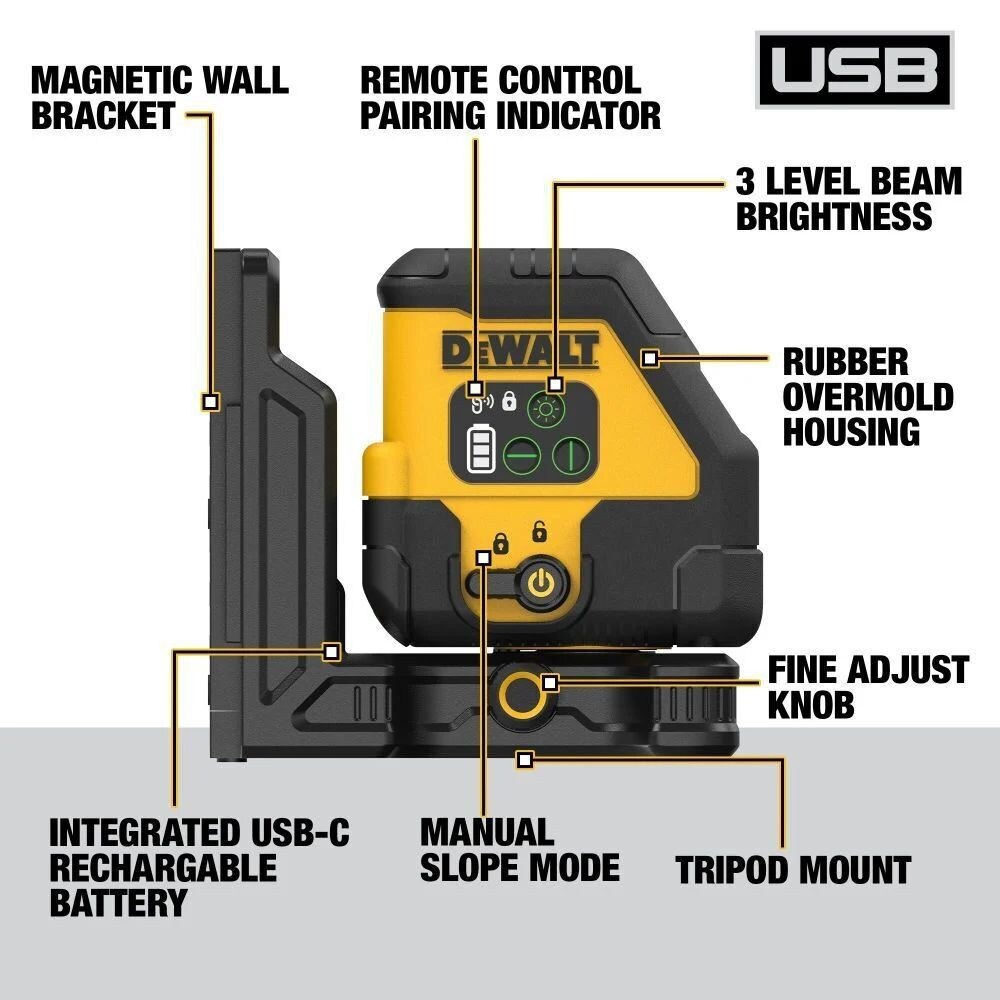 DeWalt DCLE14201RB USB Rechargeable Red Cross Line Laser Base Kit - 2