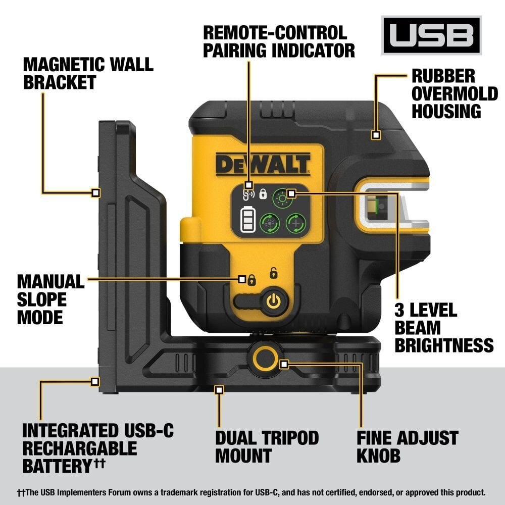 DeWalt  DCLE14251GB USB Rechargeable Green 5 Spot and Cross Line Laser Base Kit - 2