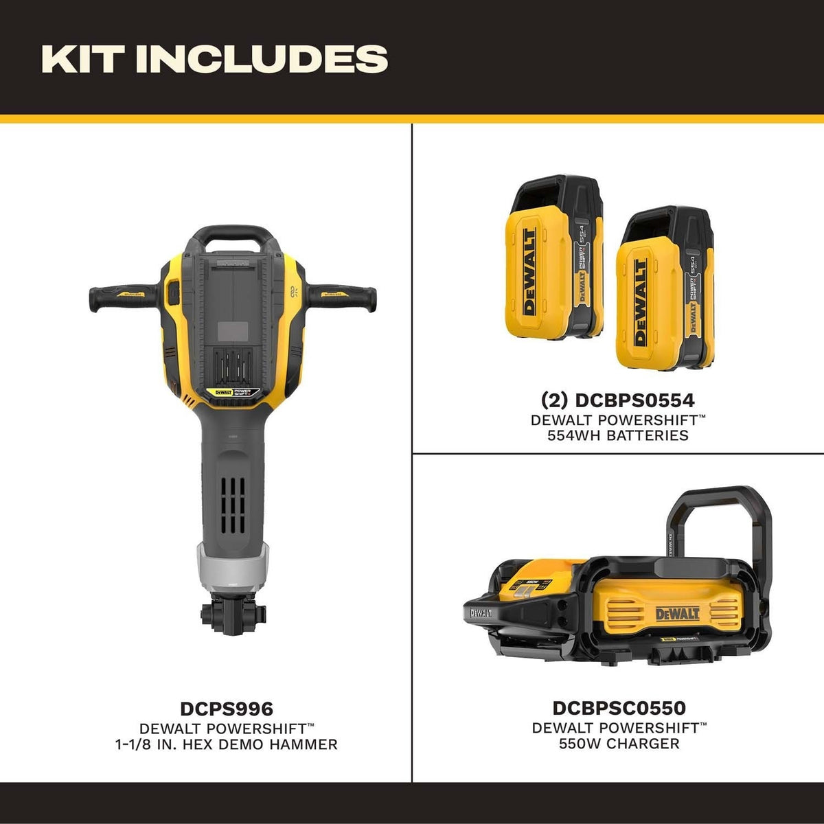 DeWalt DCPS966AG2 POWERSHIFT 1-1/8" Hex Demo Hammer Kit with 2 Batteries and Charger - 7