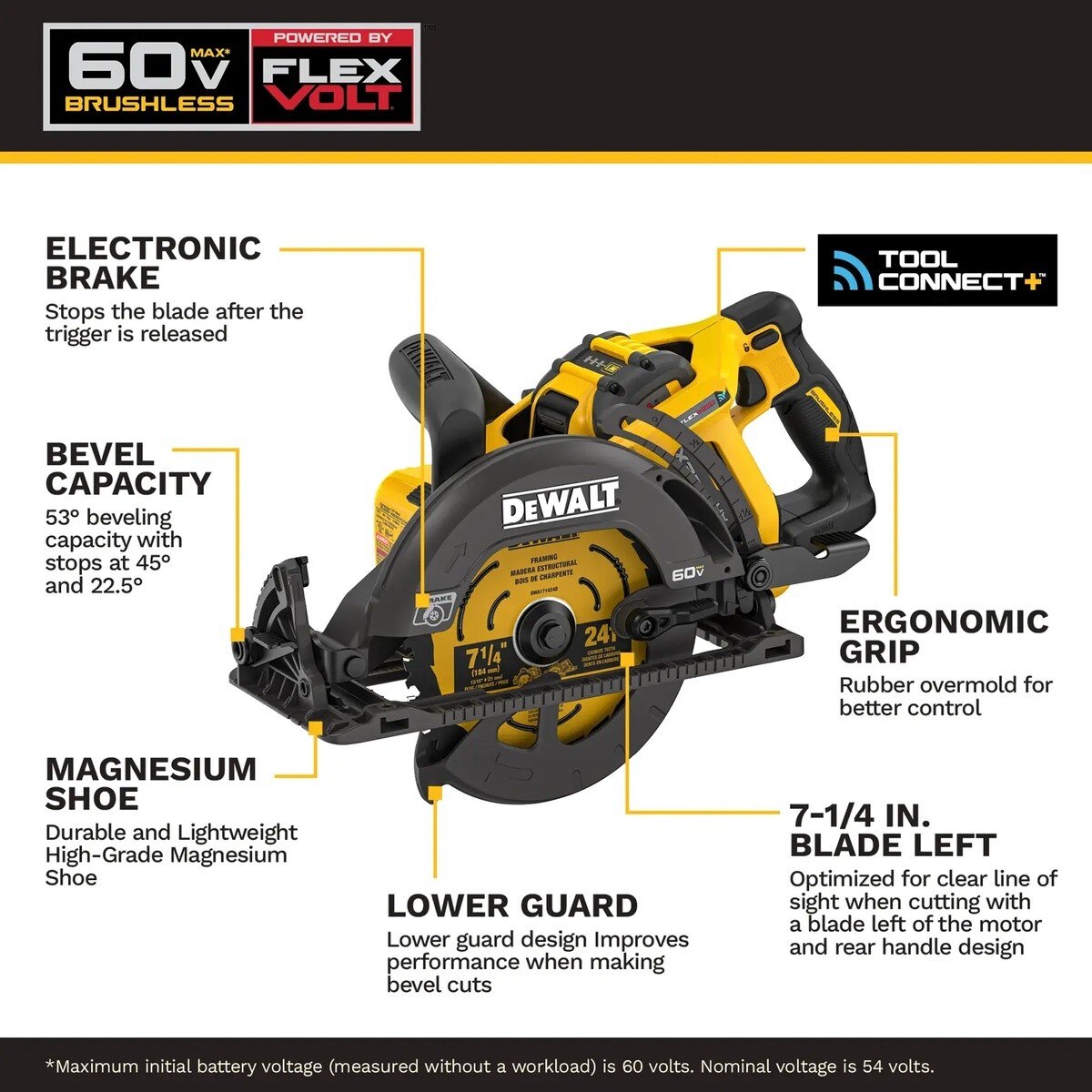 DeWalt DCS587X1 60V MAX 7-1/4" Tool Connect Rear Handle Worm Drive Style Circular Saw Kit (9.0Ah Battery) - 2