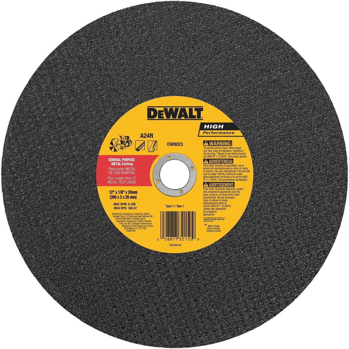 DeWalt DW8023 12" x 1/8" x 20mm Metal Cutting High Speed Cut-Off Wheel