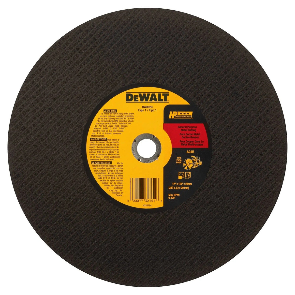 DeWalt DW8023 12" x 1/8" x 20mm Metal Cutting High Speed Cut-Off Wheel - 4