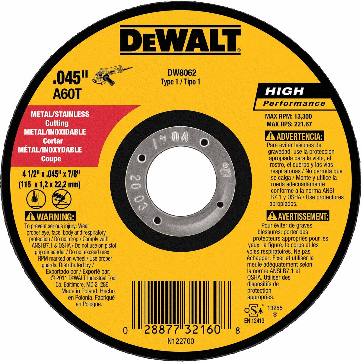 DeWalt DW8062  4-1/2" X .045" X 7/8" Type 1 Metal Cutting Thin Cutoff Wheel