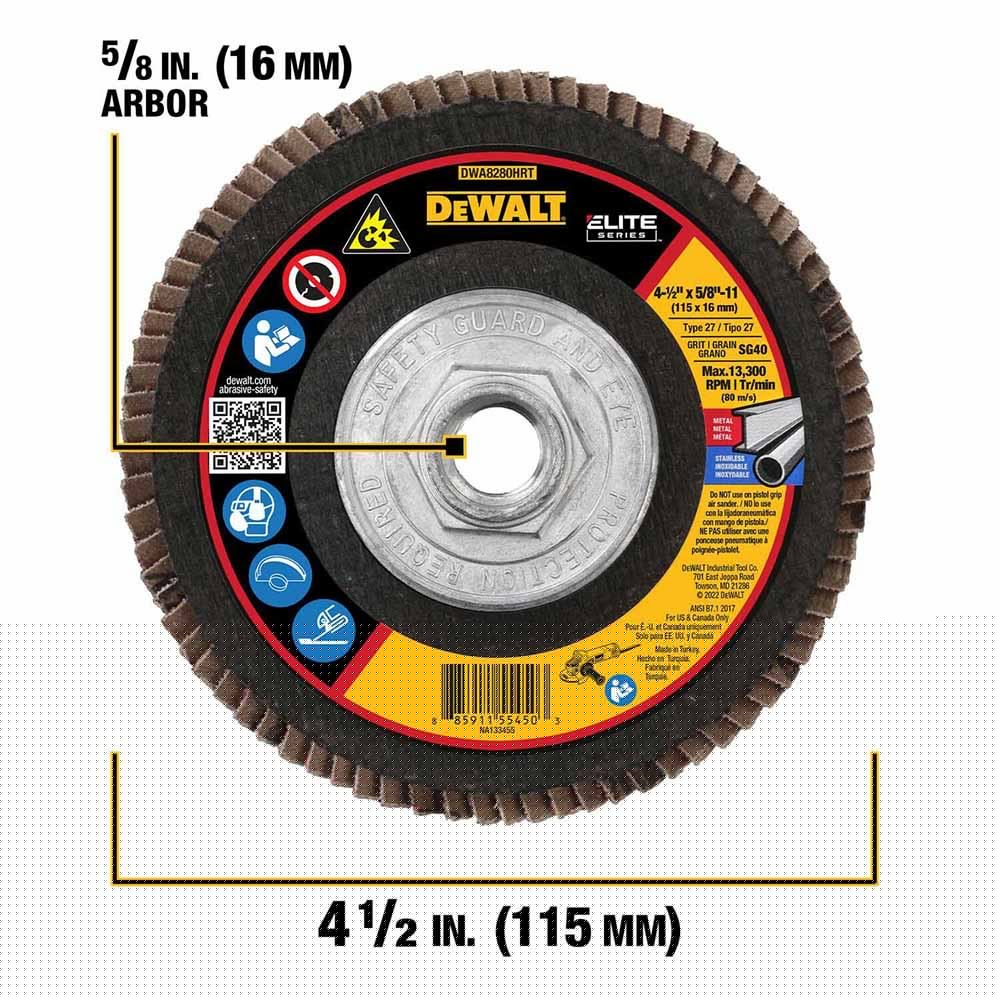 DeWalt DWA8280HRT ELITE SERIES 4-1/2 X 5/8-11 40G T27 High Density Flap Disc - 2