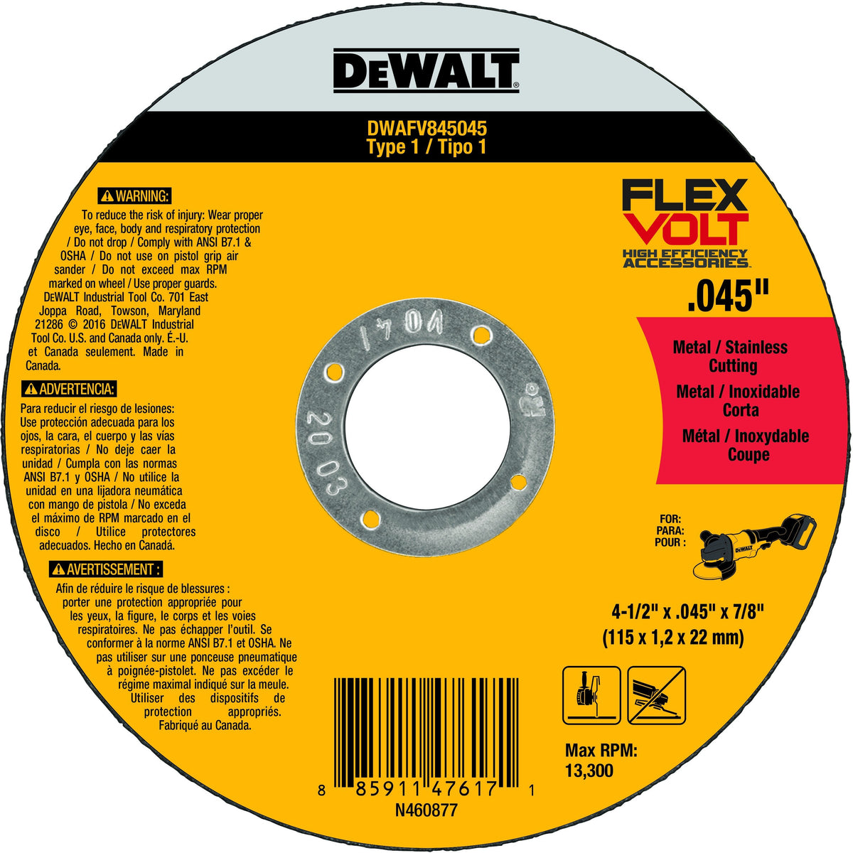 DeWalt DWAFV845045B5 4-1/2" x .045" x 7/8" Type 1 Metal Cutting Wheel 5 Pack