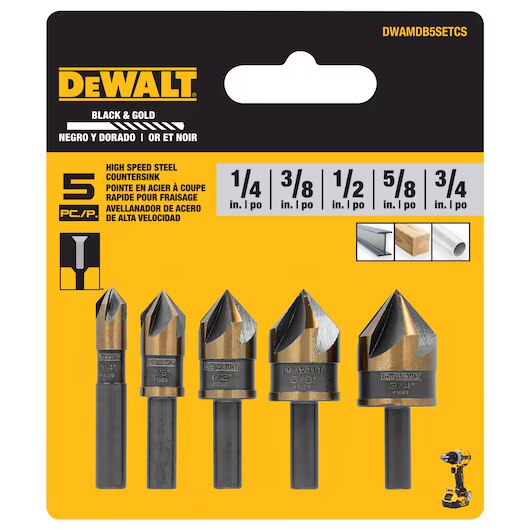 DeWalt DWAMDB5SETCS 82 Degree HSS Metal Countersink Bit Set Black and Gold (5 Piece) - 2
