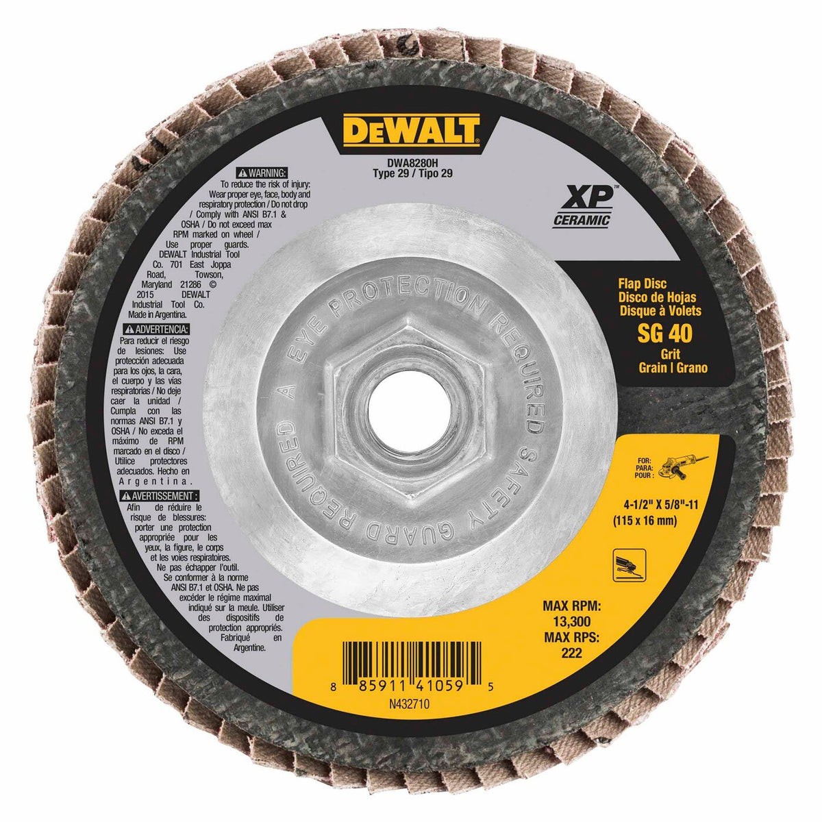 DeWalt DWA8280H 4-1/2 in. x 5/8-11 Ceramic Type 29 Flap Disc, 40 Grit (1 Each)