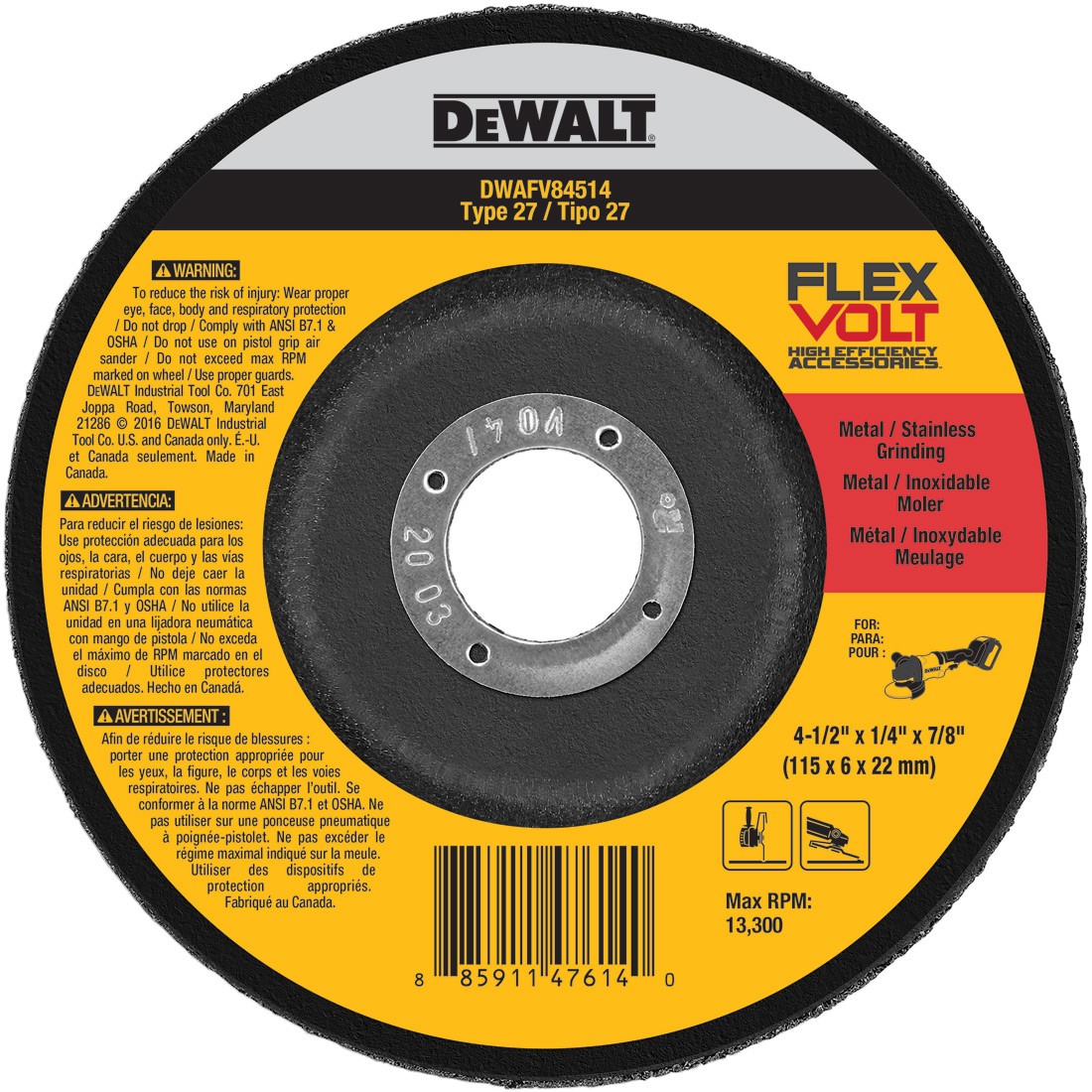 DeWalt DWAFV84514 4-1/2" x 1/4" x 7/8" Type 27 Metal Grinding Wheel