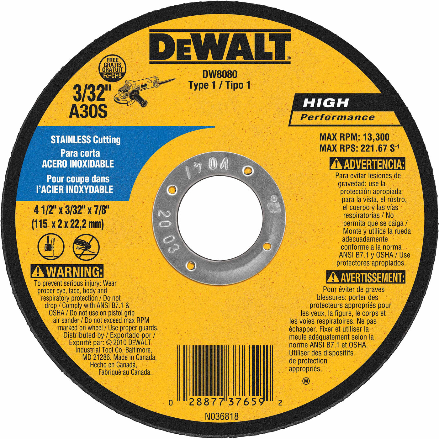 DeWalt DW8080 4-1/2" x 3/32" x 7/8" Stainless Steel Cutting Wheel