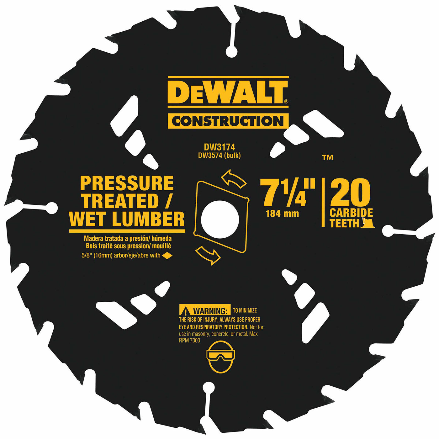 DeWalt DW3174 7-1/4" 20T Carbide Pressure Treated/Wet Lumber Circular Saw Blade