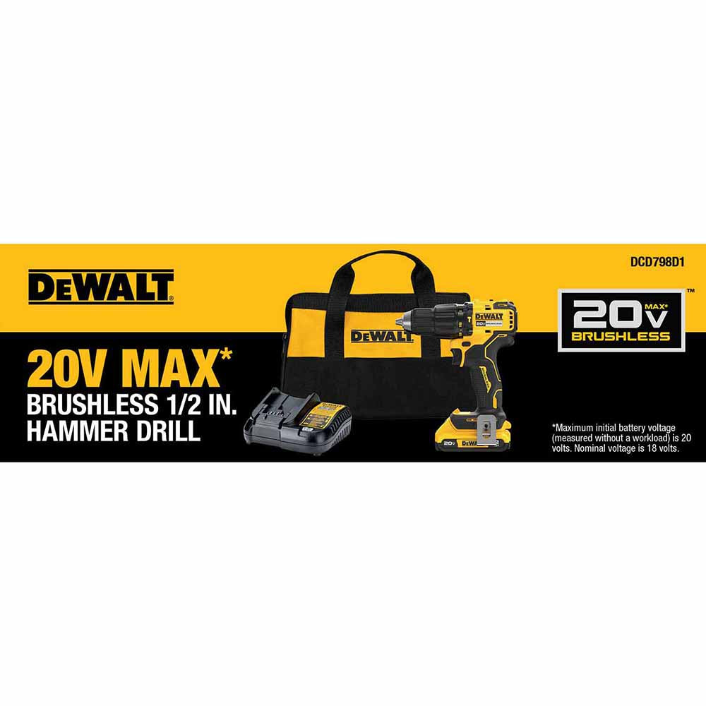 DeWalt DCD798D1 20V MAX Brushless Cordless 1/2" Hammer Drill Kit