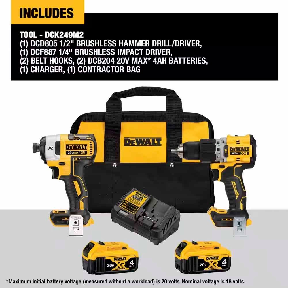 DeWalt DCK249M2 20V MAX XR Brushless 2 Tool Combo Kit with (2) 4.0Ah Batteries and Charger